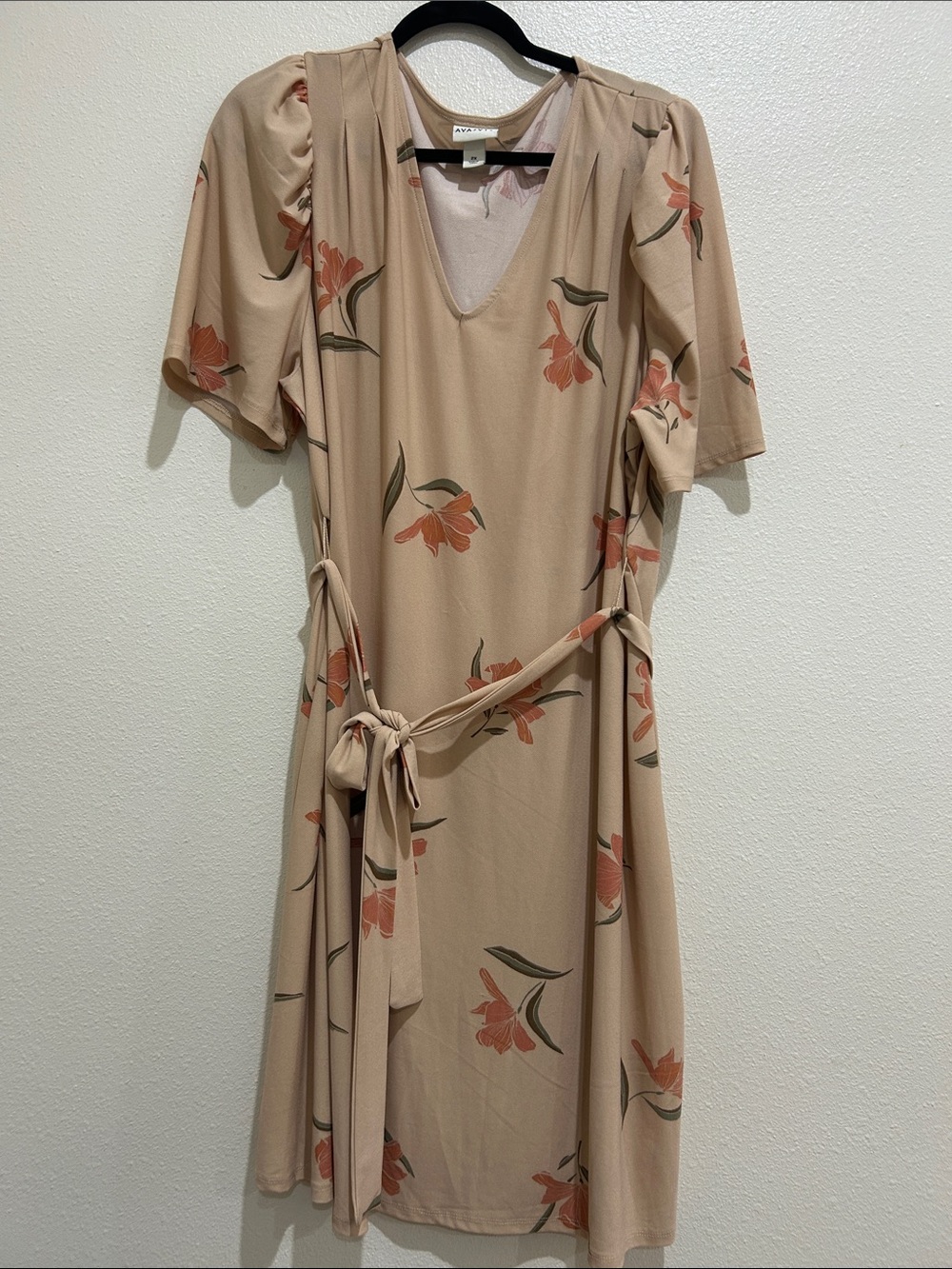 Ava & Viv Beige Floral Midi Wrap Dress with Tie